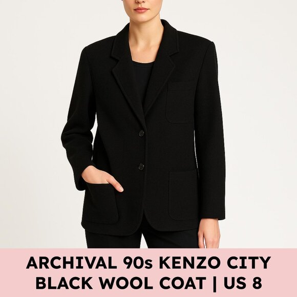 Vintage Kenzo City Black Wool Blend Oversized Blazer FR 40 Patch Pockets - Picture 1 of 10